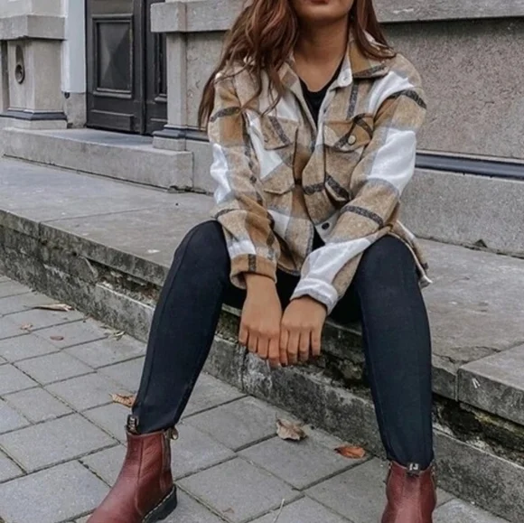 NEW Cozy Retro 70's Flannel Plaid Shacket Top Jacket Brown Tan White Gray - Picture 12 of 14